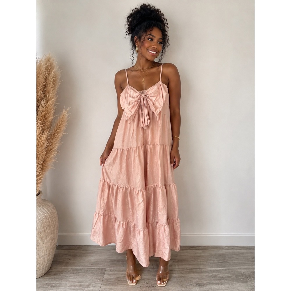 Sister Jane Dusty Pink Shimmer Metallic Bow Tiered Midi Dress Women's Size M